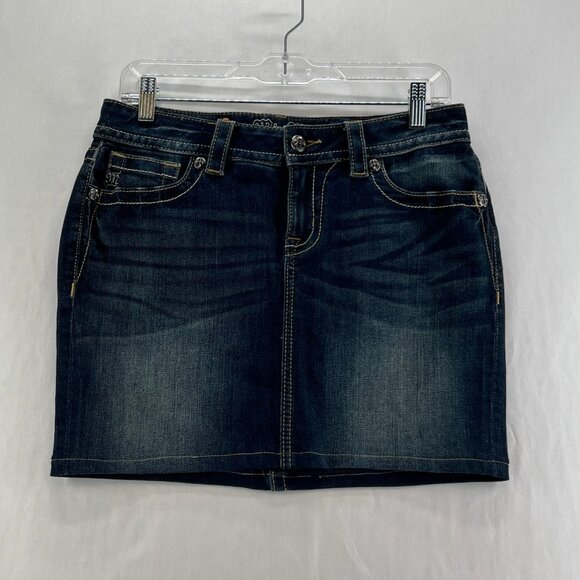 Miss Me Signature Mid Skirt Womens 28 Straight Mini Stretch Zip Denim Dark Wash - Picture 1 of 13